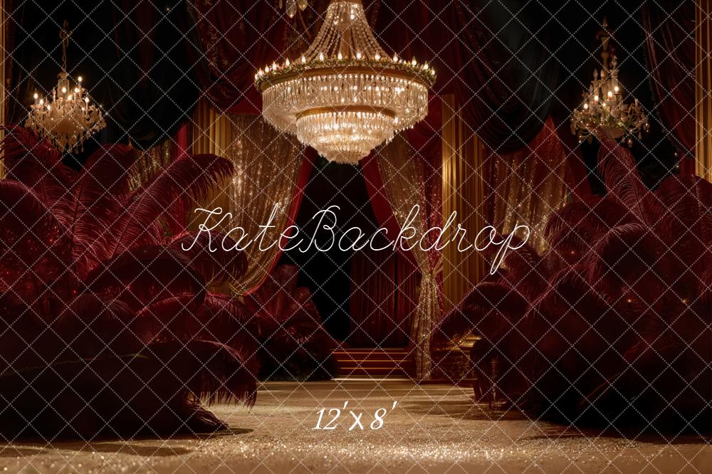 Kate Red Curtains Crystal Chandeliers Feathers Fleece Backdrop Designed by Emetselch - Image 4