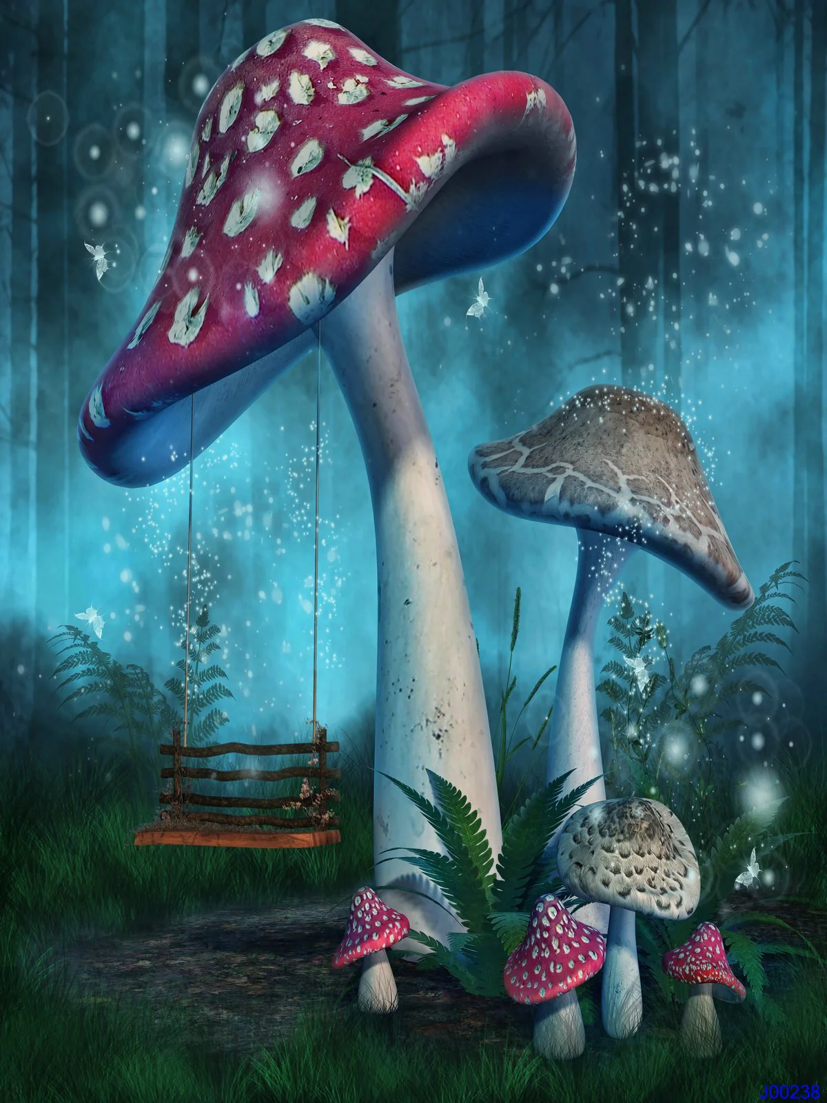 Kate Red Mushroom Blue Forest Dreamlike Fantasy Backdrop for Photography