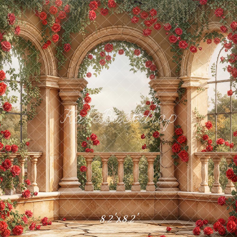 Kate Red Roses Stone Balcony Arches Backdrop Designed by Emetselch - Image 5