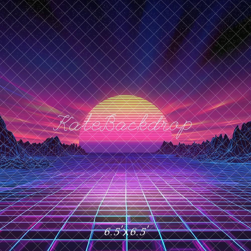 Kate Retro Grid Synthwave Sunset Landscape Backdrop Designed by Angela Marie Photography - Image 2
