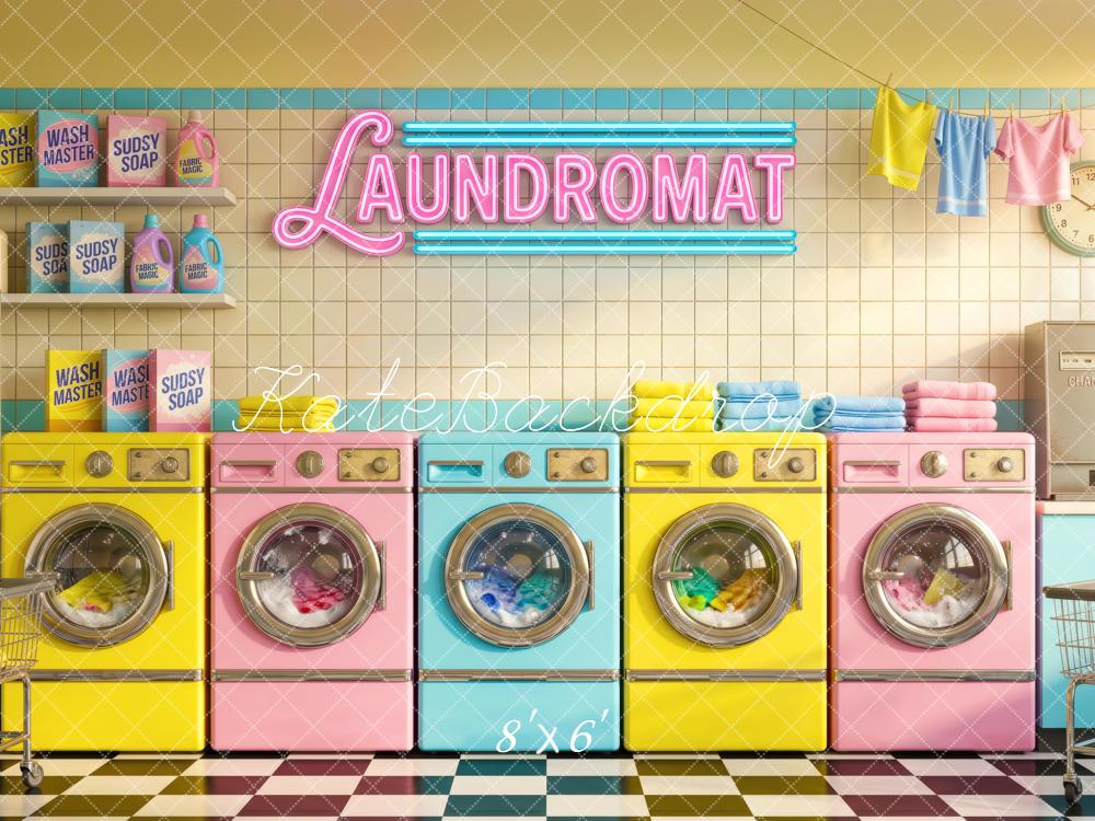 Kate Retro Laundromat Colourful Washing Machines Fleece Backdrop Designed by Patty Robert