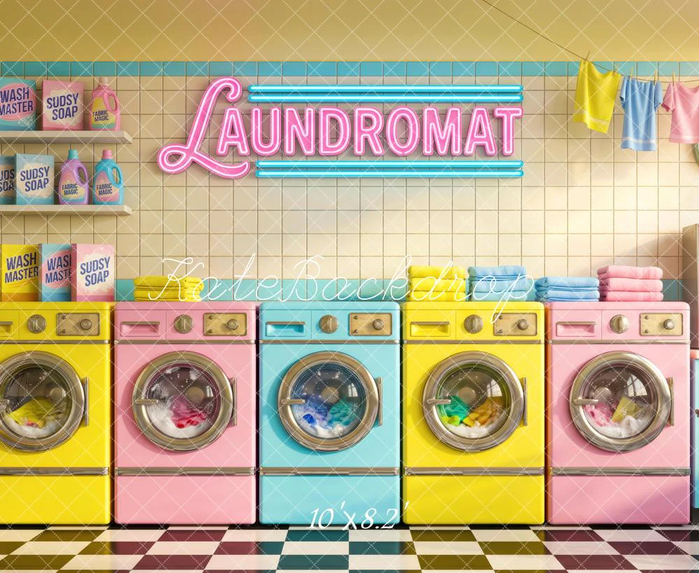 Kate Retro Laundromat Colourful Washing Machines Fleece Backdrop Designed by Patty Robert - Image 3
