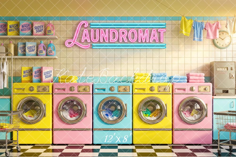 Kate Retro Laundromat Colourful Washing Machines Fleece Backdrop Designed by Patty Robert - Image 4