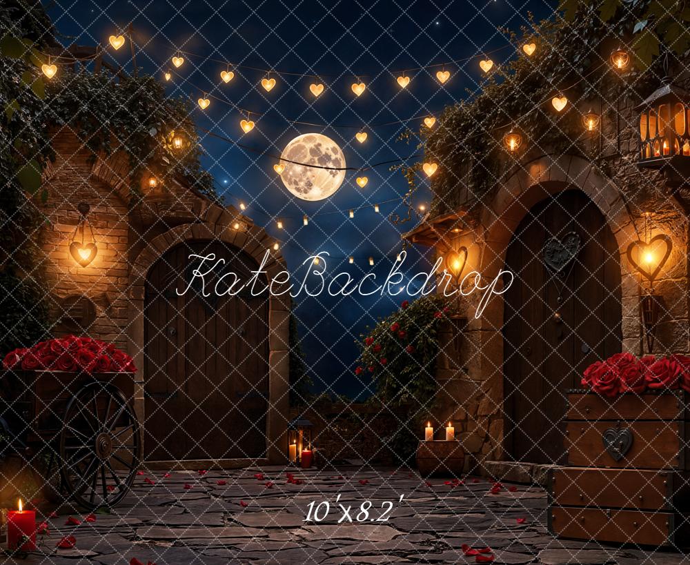 Kate Romantic Courtyard Heart Lights Moon Roses Fleece Backdrop Designed by Emetselch - Image 3