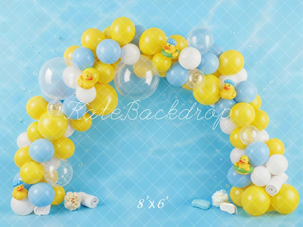 Kate Rubber Duck Balloon Arch Blue Yellow Fleece Backdrop Designed by Emetselch