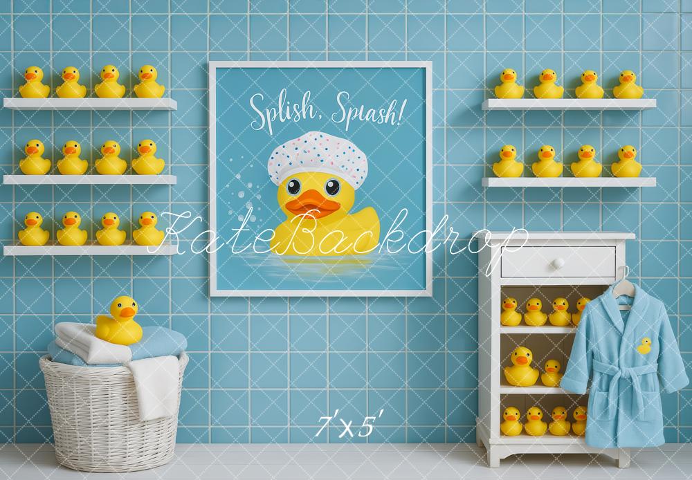 Kate Duck Bathrobe Blue Tiles Backdrop Designed by Patty Robert