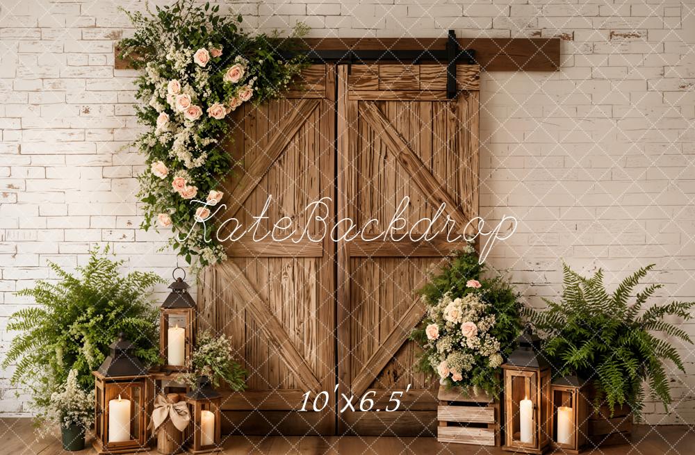 Kate Rustic Barn Door Floral Lanterns Fleece Backdrop Designed by Emetselch - Image 2