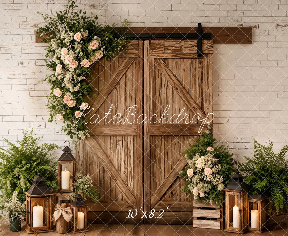 Kate Rustic Barn Door Floral Lanterns Fleece Backdrop Designed by Emetselch - Image 3