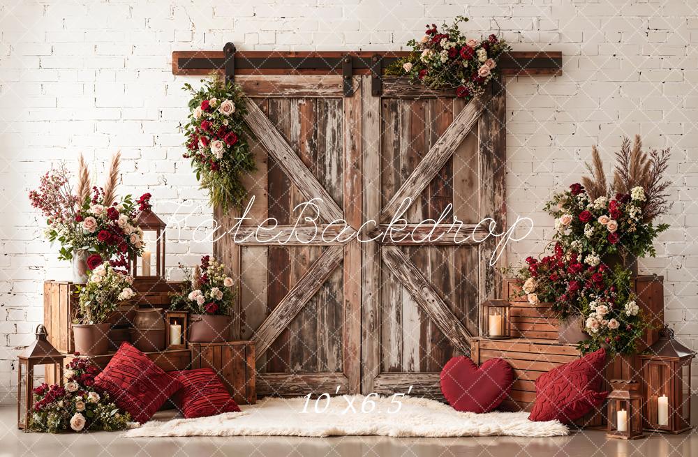 Kate Valentine Rustic Barn Door Red Floral Crate Backdrop Designed by Emetselch - Image 4