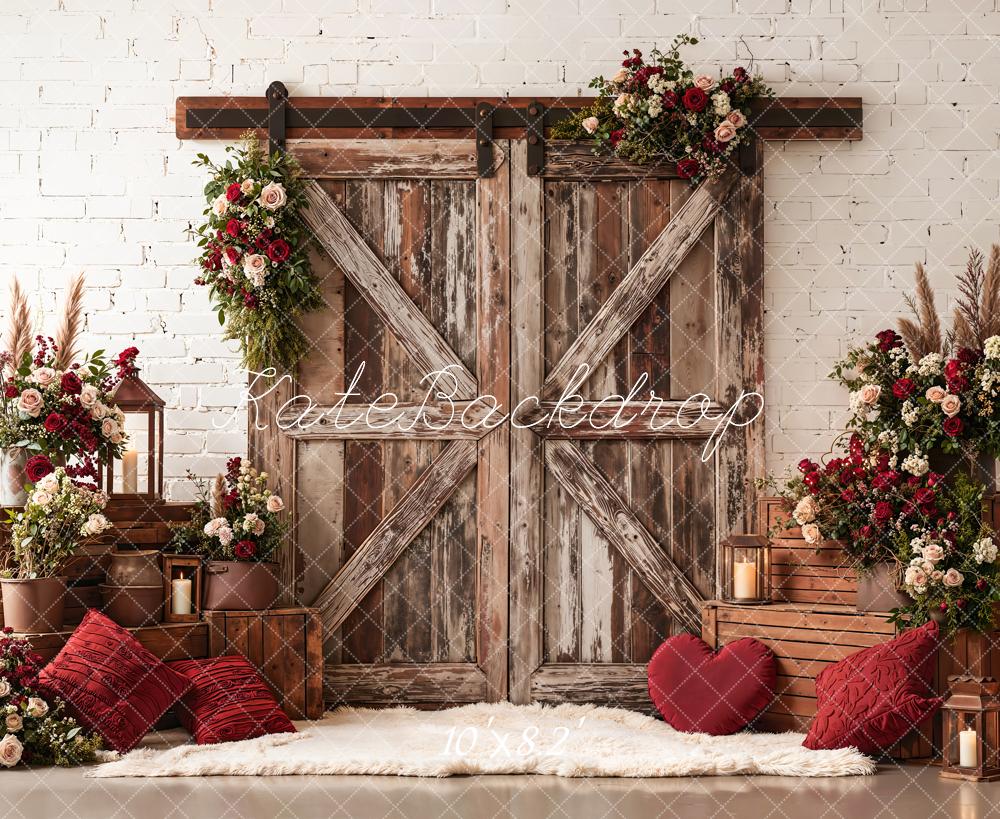 Kate Valentine Rustic Barn Door Red Floral Crate Backdrop Designed by Emetselch - Image 6