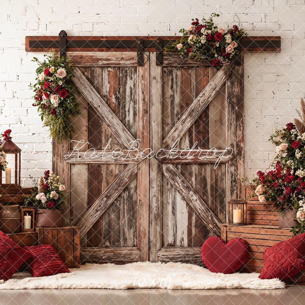 Kate Valentine Rustic Barn Door Red Floral Crate Backdrop Designed by Emetselch - Image 7