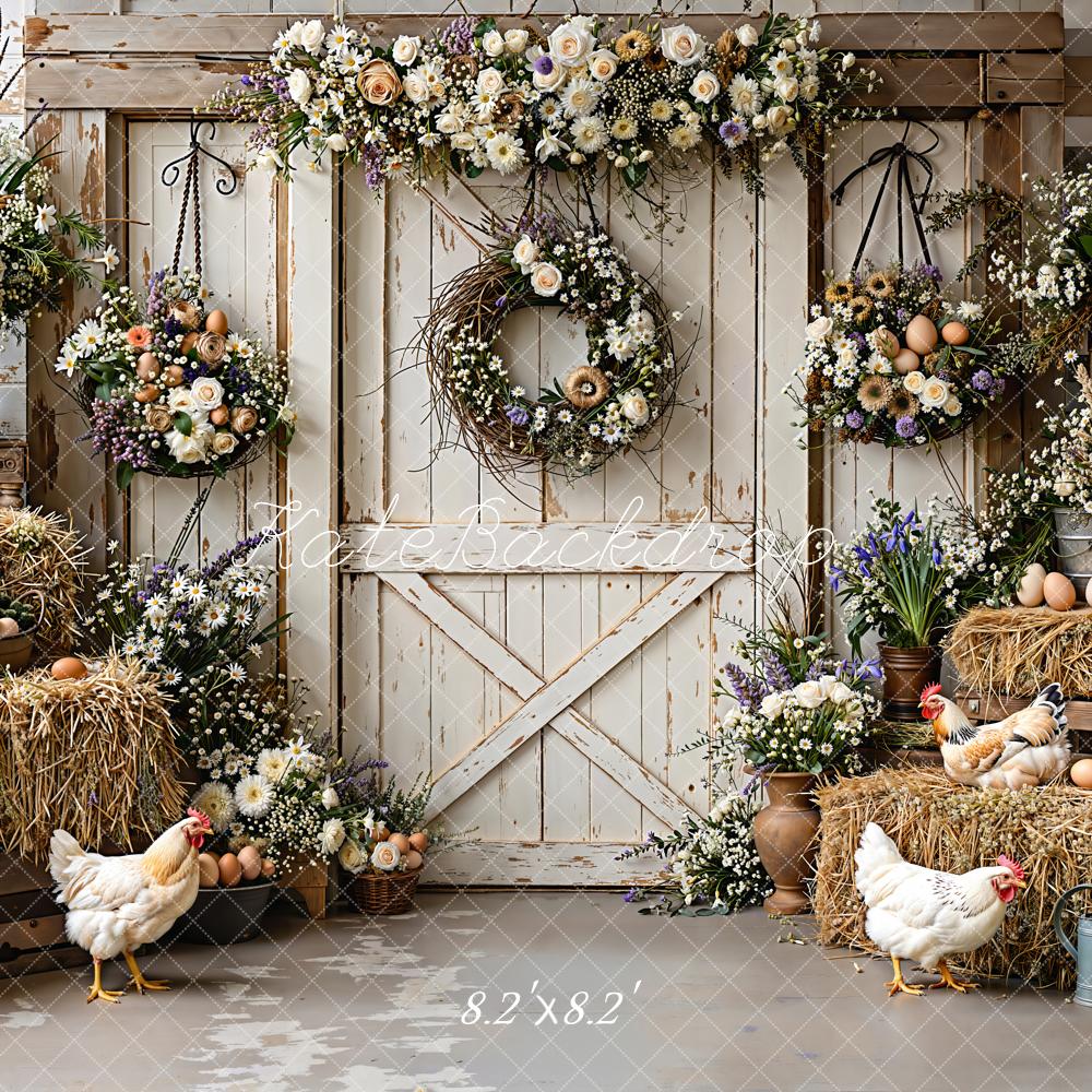 Kate Easter Rustic Barn Hay Chickens Backdrop Designed by Emetselch - Image 5