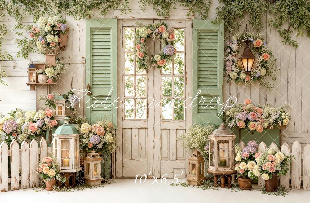 Kate Rustic Door Green Lanterns Fleece Backdrop Designed by Emetselch - Image 2