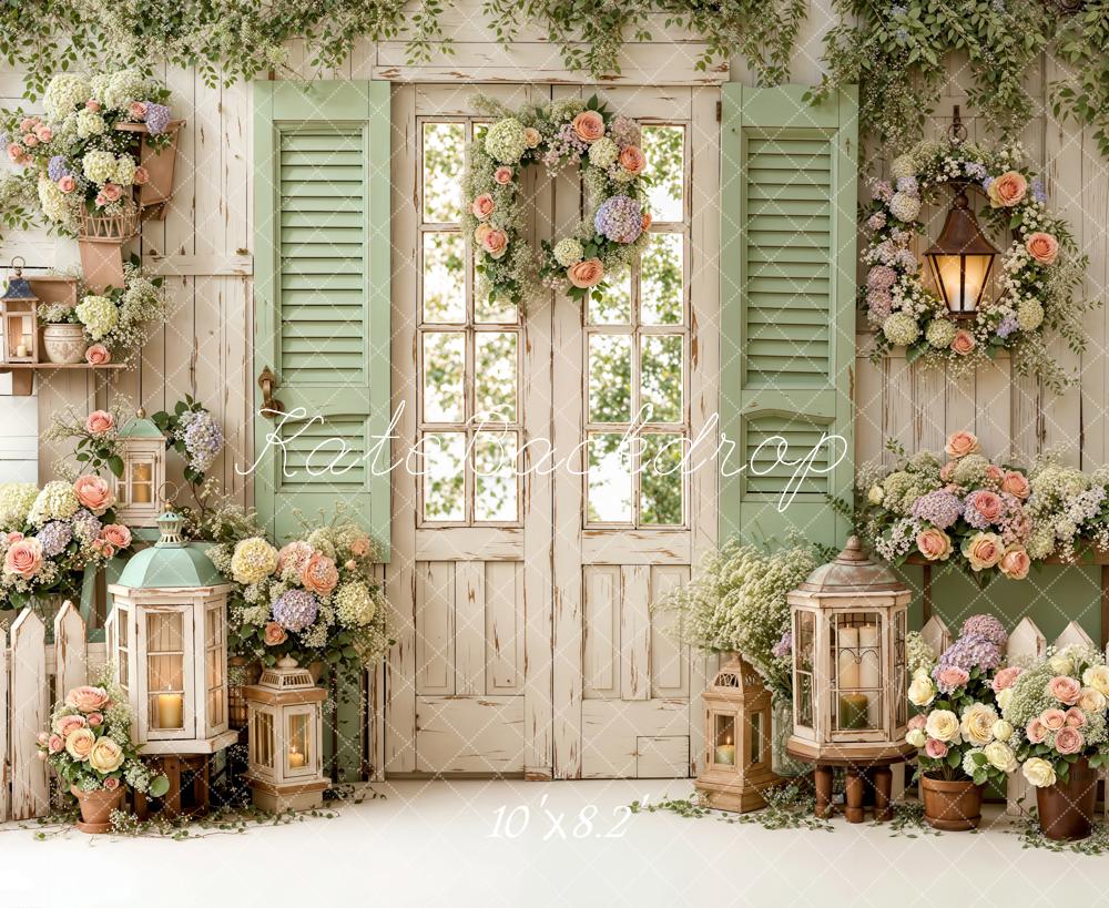 Kate Rustic Door Green Lanterns Fleece Backdrop Designed by Emetselch - Image 3