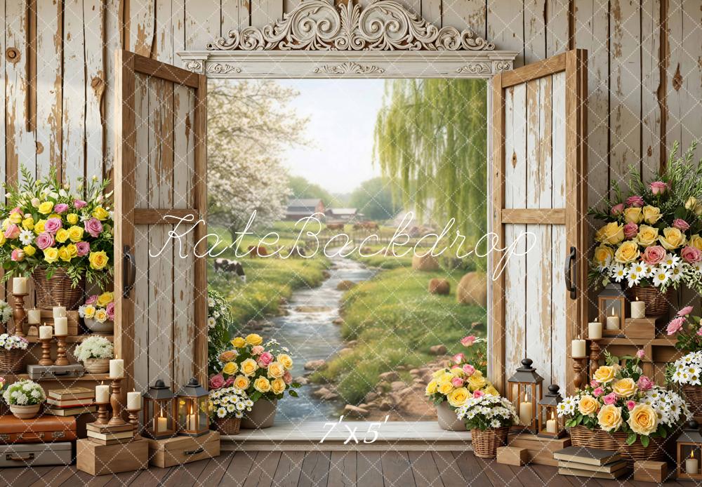 Kate Spring Rustic Window Flowers Stream Backdrop Designed by Mini MakeBelieve