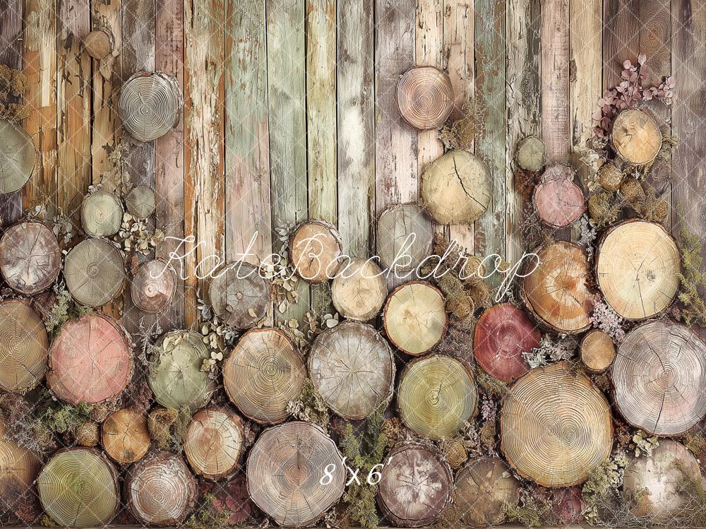 Kate Rustic Wood Planks Log Slices Fleece Backdrop Designed by Angela Marie Photography