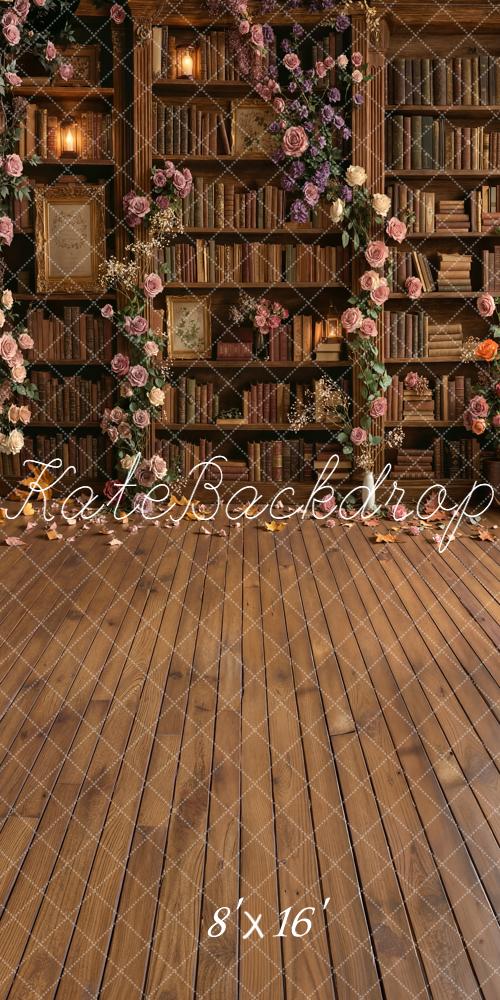 Kate School Library Bookshelf Floral Arch Wood Floor Backdrop Designed by Emetselch - Image 11