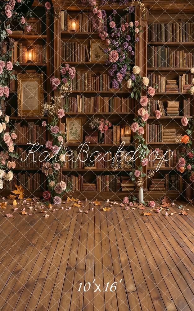 Kate School Library Bookshelf Floral Arch Wood Floor Backdrop Designed by Emetselch - Image 12