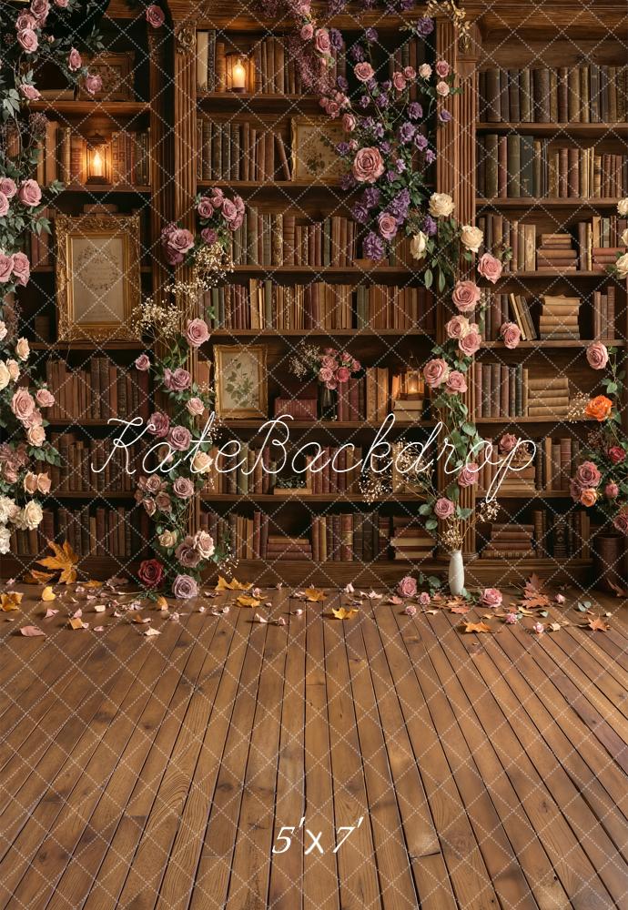 Kate School Library Bookshelf Floral Arch Wood Floor Backdrop Designed by Emetselch - Image 2