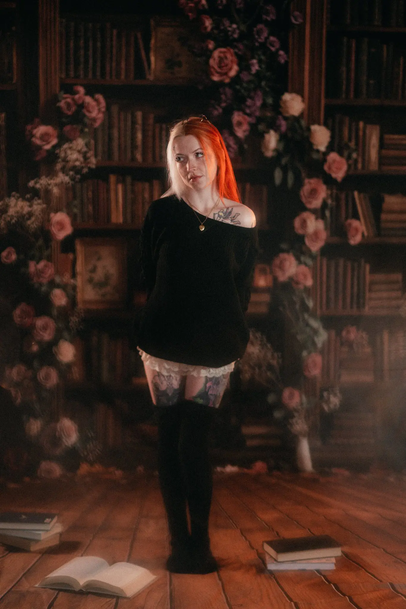 Kate School Library Bookshelf Floral Arch Wood Floor Backdrop Designed by Emetselch - Image 3