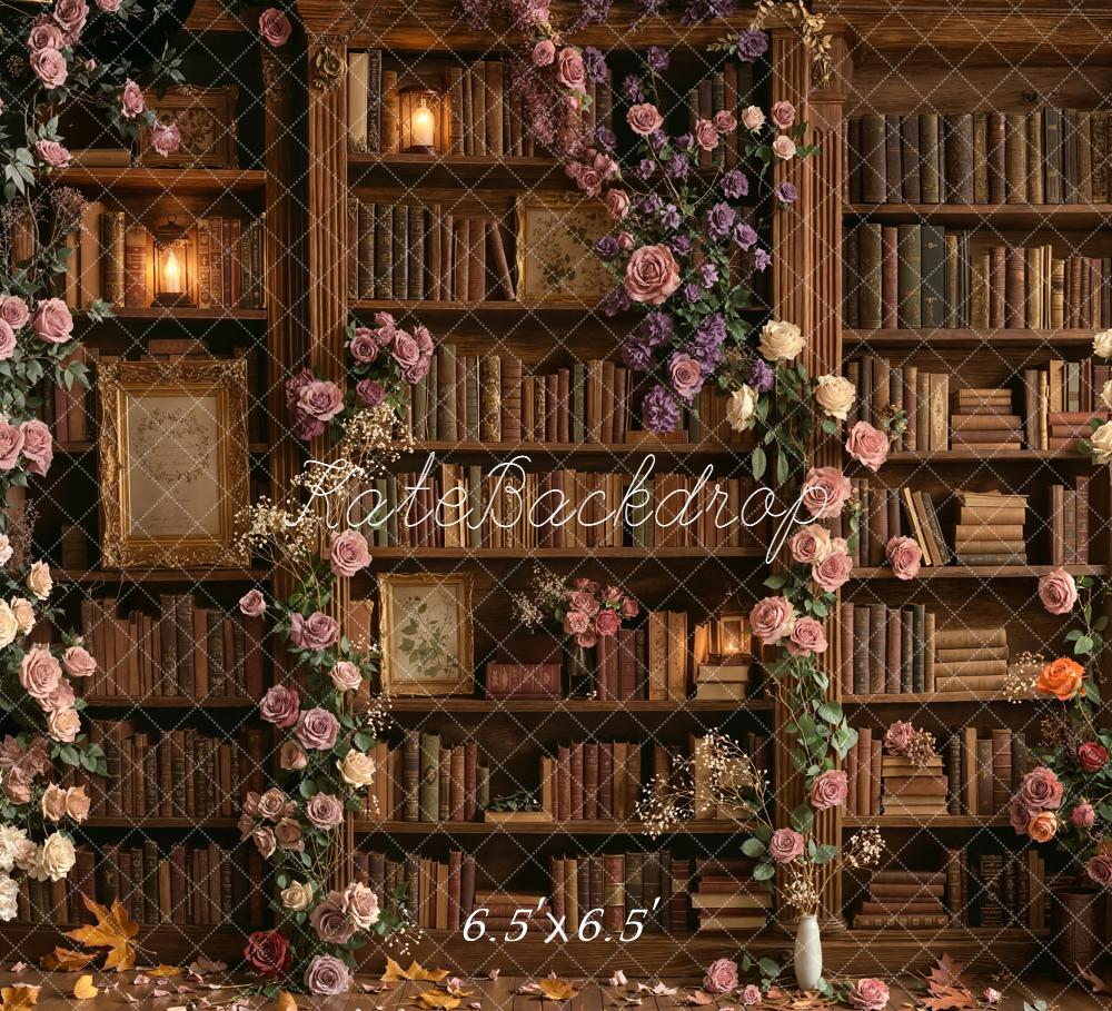 Kate School Library Bookshelf Floral Arch Wood Floor Backdrop Designed by Emetselch - Image 4