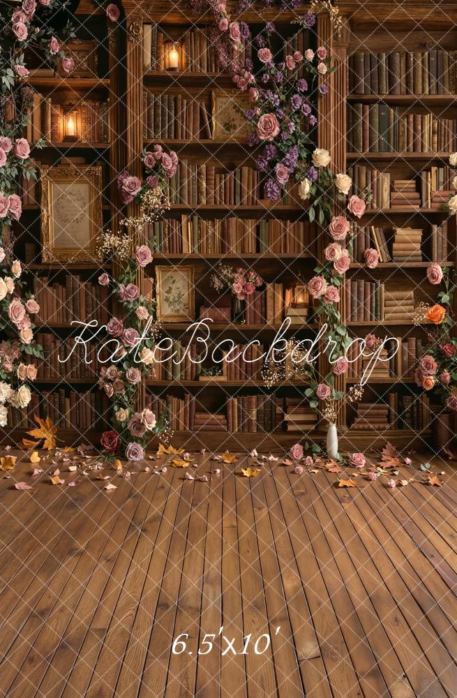Kate School Library Bookshelf Floral Arch Wood Floor Backdrop Designed by Emetselch - Image 6