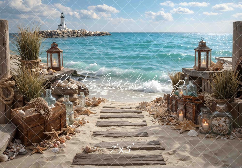 Kate Seaside Path Lanterns Shells Lighthouse Backdrop Designed by Mini MakeBelieve