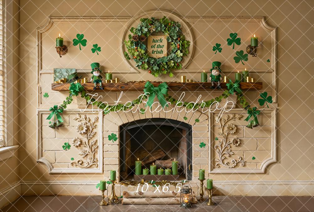 Kate Shamrock Fireplace Green Candles Garland Fleece Backdrop Designed by Emetselch - Image 2