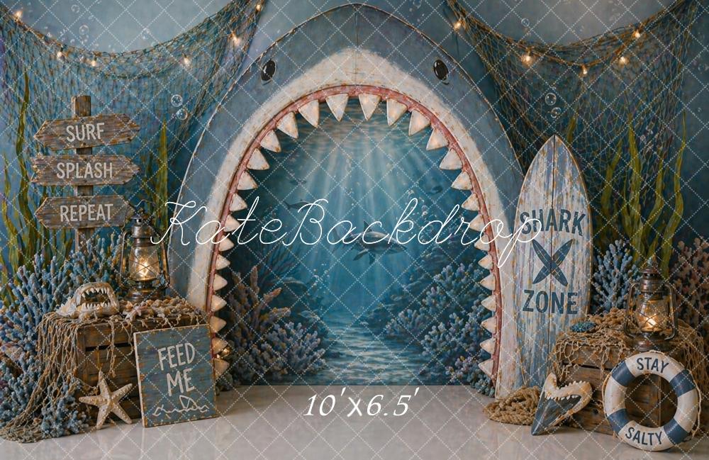 Kate Shark Mouth Surfboard Seaweed Blue Backdrop Designed by Caitlin Lynch - Image 4