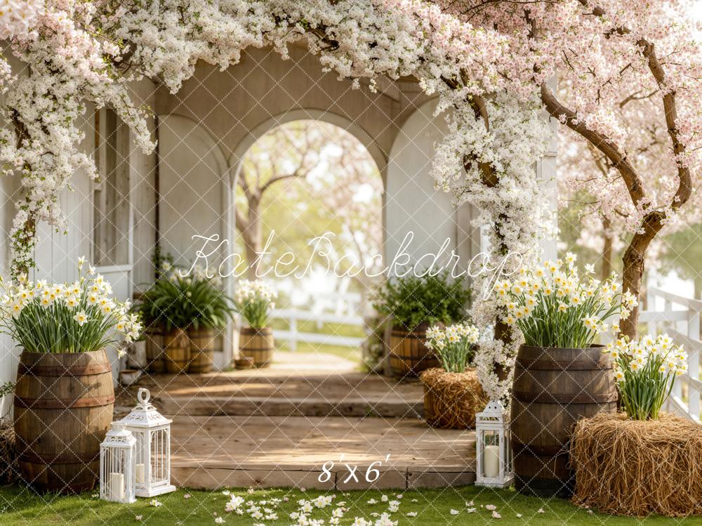 Kate Spring Blossom Arch Wooden Barrels Fleece Backdrop Designed by Emstselch