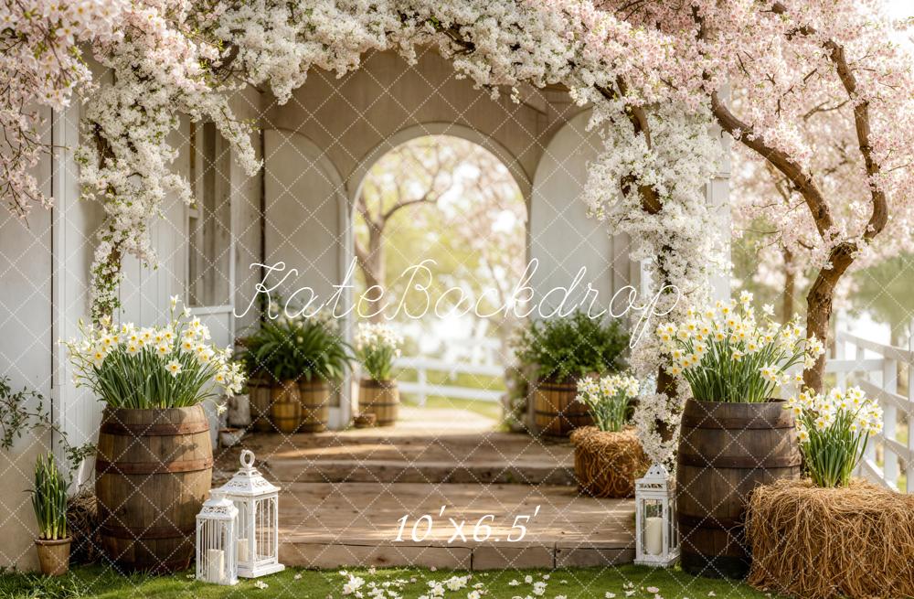 Kate Spring Blossom Arch Wooden Barrels Fleece Backdrop Designed by Emstselch - Image 2