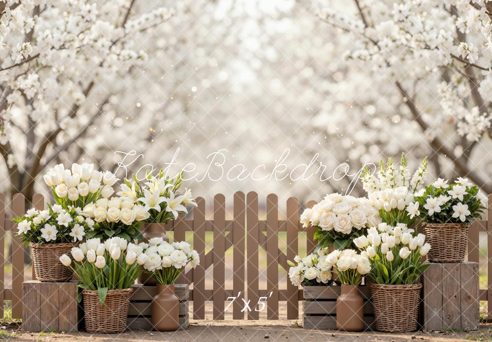 Kate Spring Blossom Floral Baskets Fence Backdrop Designed by Mini MakeBelieve