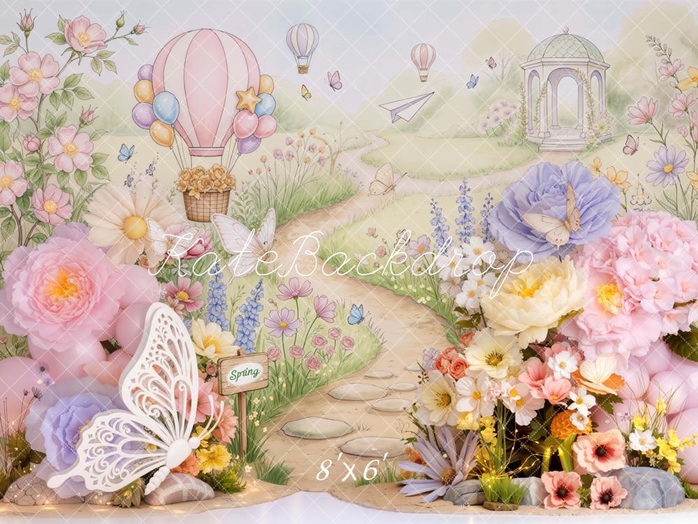 Kate Spring Butterfly Hot Air Balloon Floral Path Fleece Backdrop Designed by Emetselch