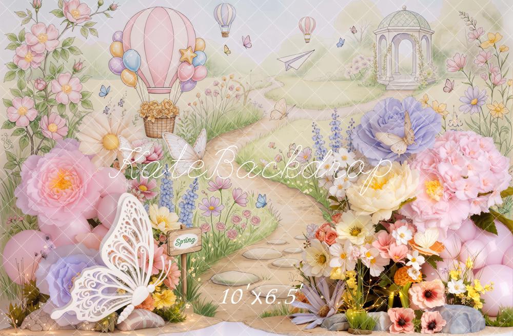 Kate Spring Butterfly Hot Air Balloon Floral Path Fleece Backdrop Designed by Emetselch - Image 2