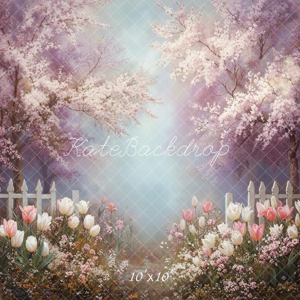 Kate Spring Cherry Blossom White Fence Backdrop Designed by Emetselch - Image 7