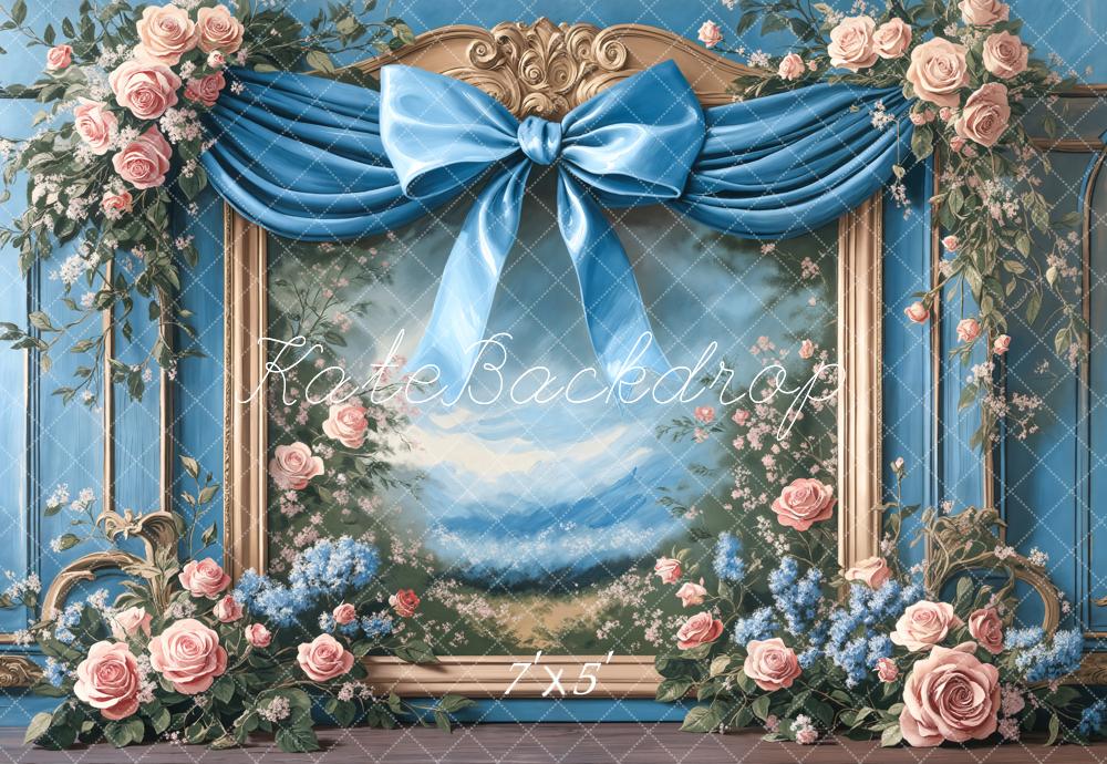 Kate Spring Floral Blue Bow Framed Backdrop Designed by Chain photography