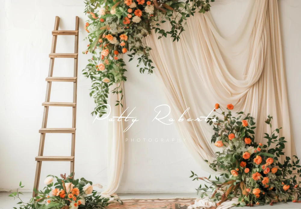 Kate Spring Flower Wooden Ladder Beige Curtain Backdrop Designed by Patty Robert