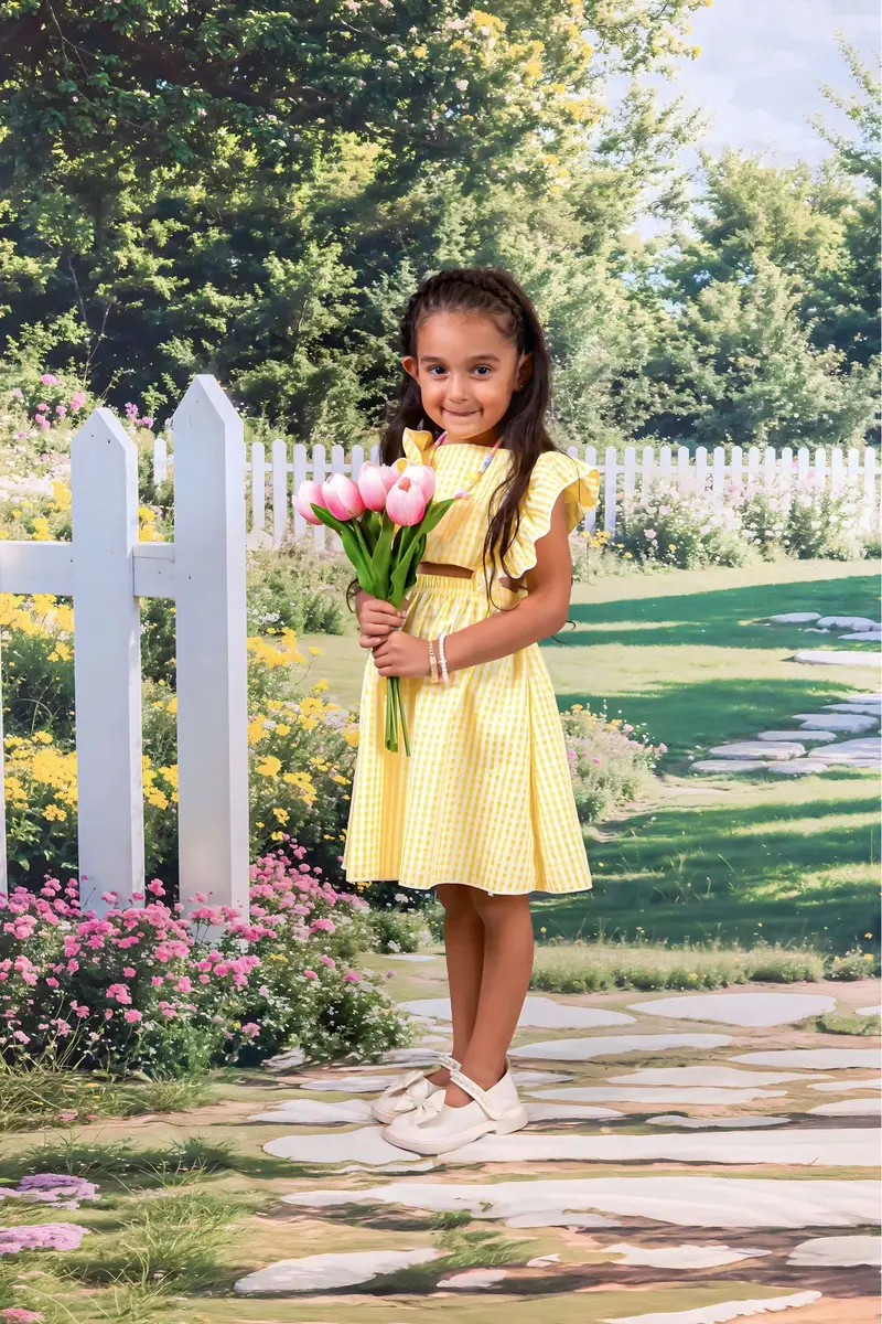Kate Spring Garden Path White Fence Backdrop+Stone Floral Garden Floor Backdrop