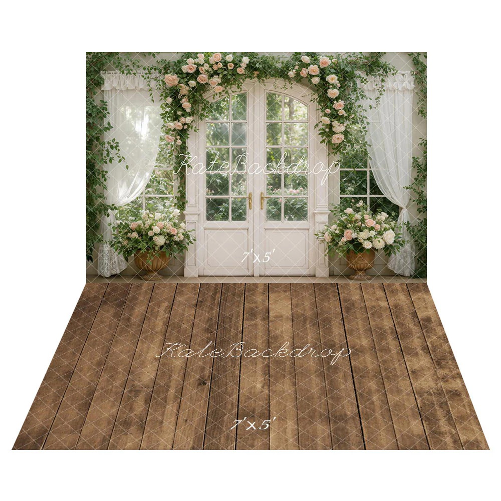 Kate Spring Garland Door Curtains Greenery Backdrop+Wood Plank Brown Floor Backdrop