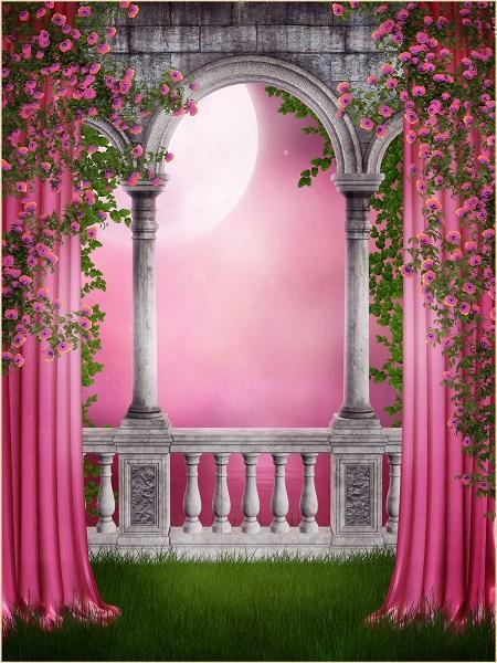 Kate Spring Scenery Backdrop Floral Pink Curtain Moon Night Background for Photography