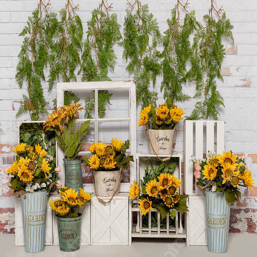 Kate Spring Sunflower Backdrop White Wooden Wall Designed by Emetselch - Image 2