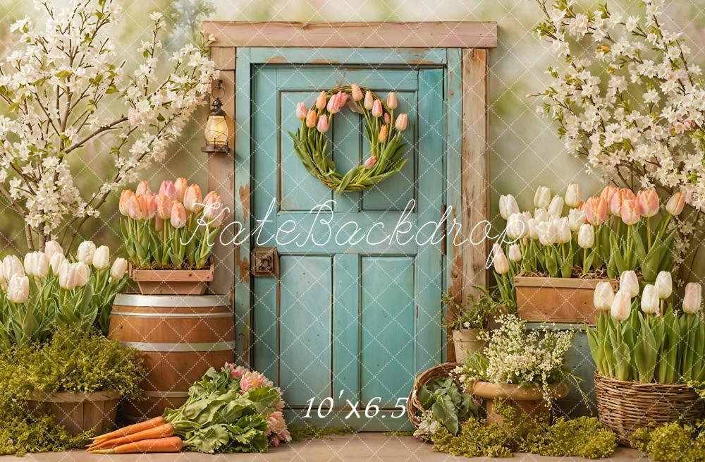Kate Spring Tulips Blue Door Backdrop Designed by Emetselch - Image 4