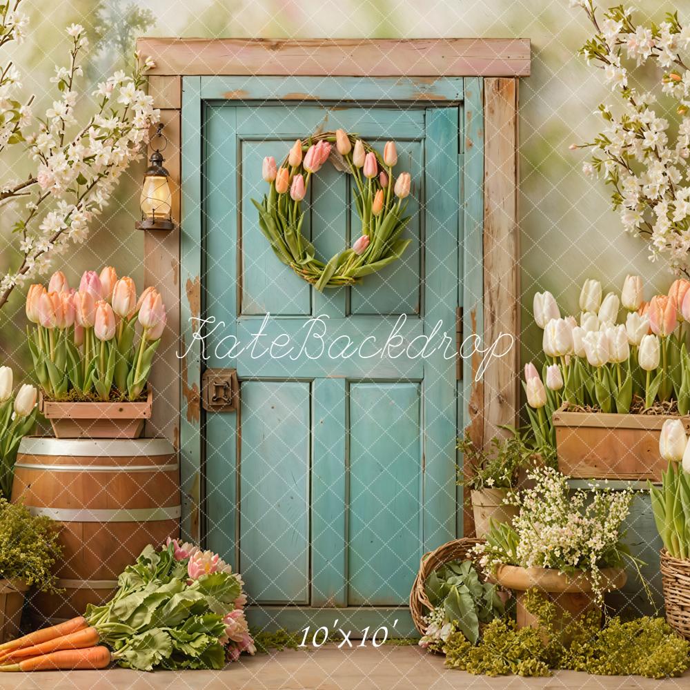 Kate Spring Tulips Blue Door Backdrop Designed by Emetselch - Image 7