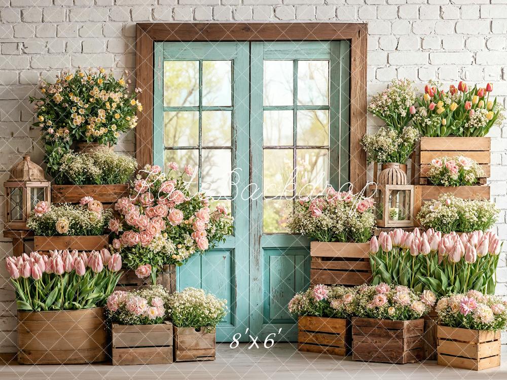 Kate Spring Tulips Wooden Crates Brick Wall Fleece Backdrop Designed by Emetselch