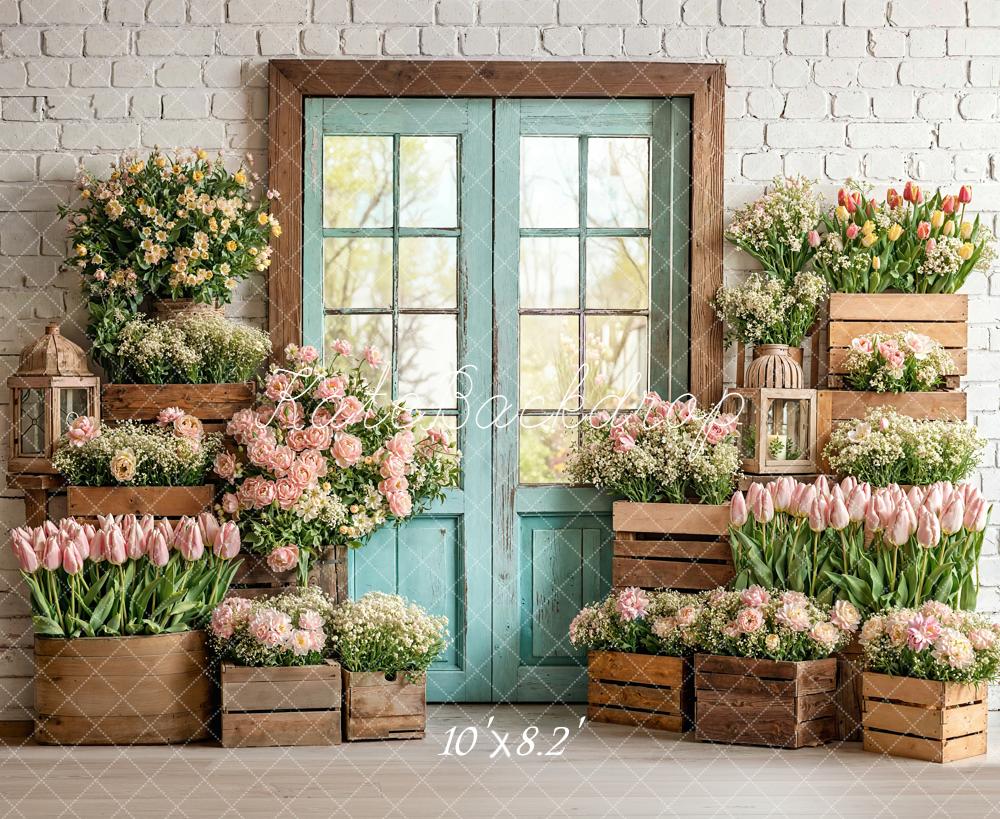 Kate Spring Tulips Wooden Crates Brick Wall Fleece Backdrop Designed by Emetselch - Image 3