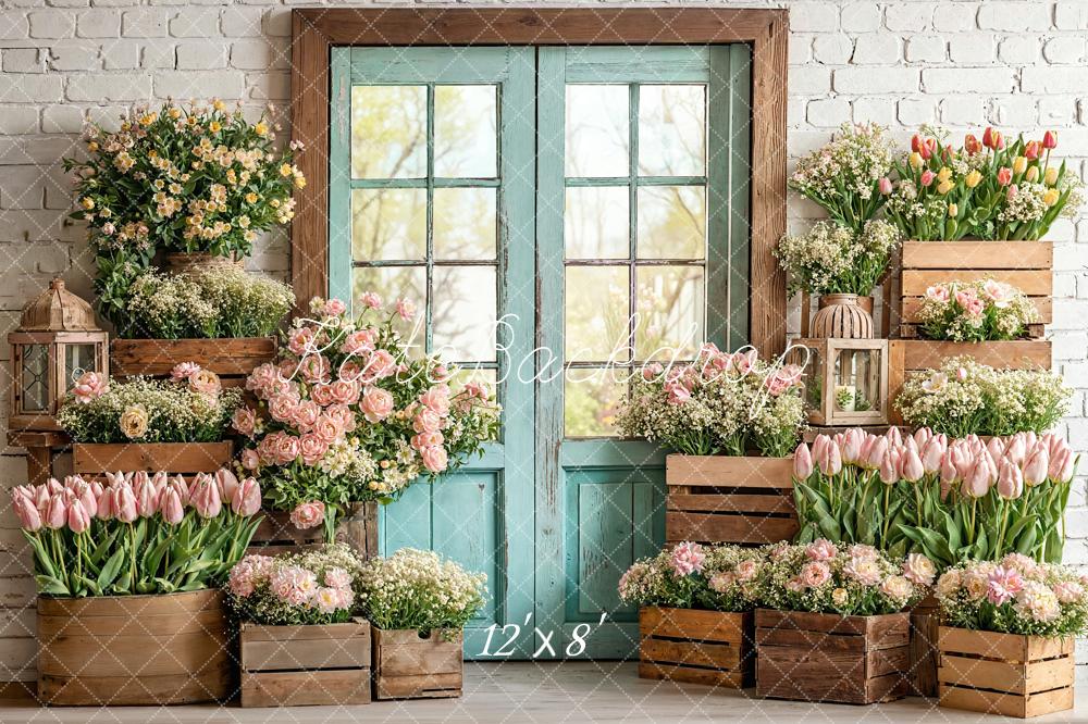 Kate Spring Tulips Wooden Crates Brick Wall Fleece Backdrop Designed by Emetselch - Image 4