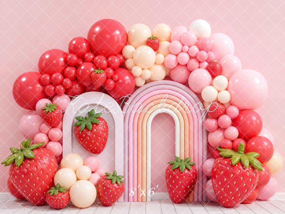 Kate Strawberry Balloon Arch Rainbow Pink Fleece Backdrop Designed by Emetselch