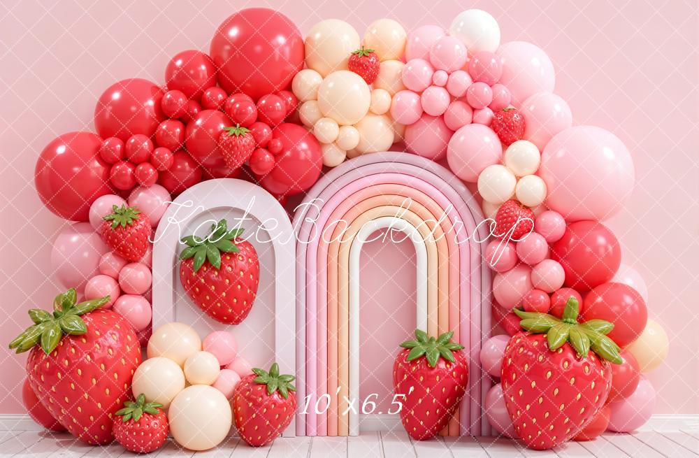 Kate Strawberry Balloon Arch Rainbow Pink Fleece Backdrop Designed by Emetselch - Image 2