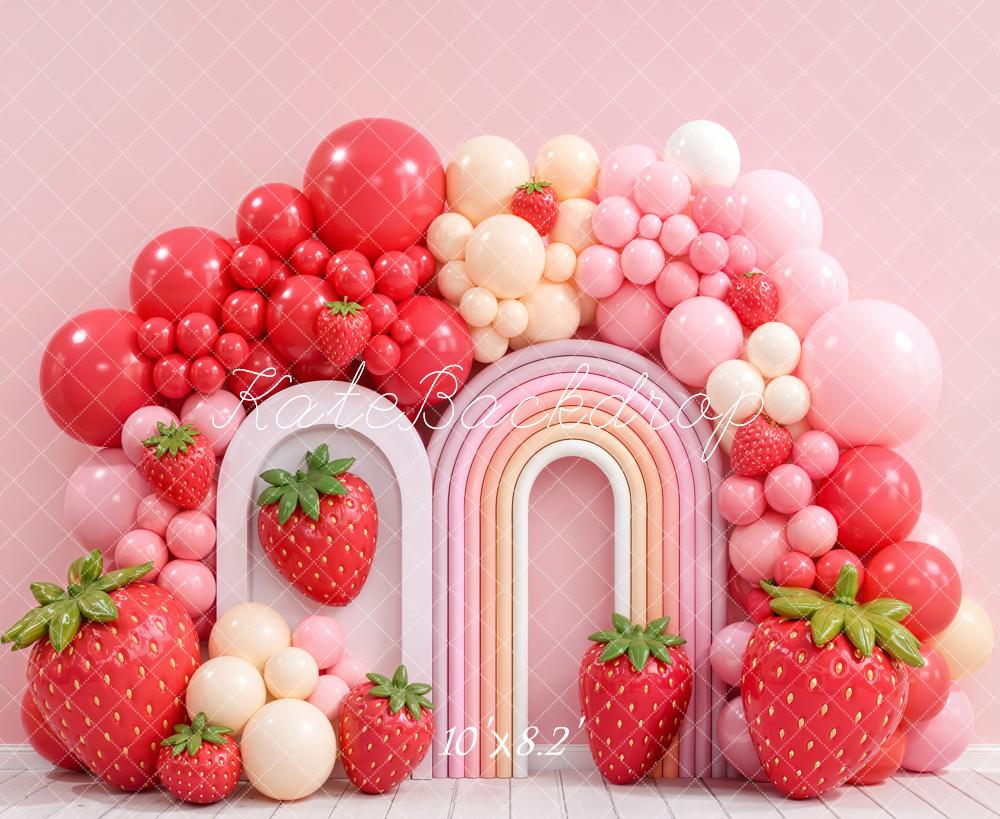 Kate Strawberry Balloon Arch Rainbow Pink Fleece Backdrop Designed by Emetselch - Image 3