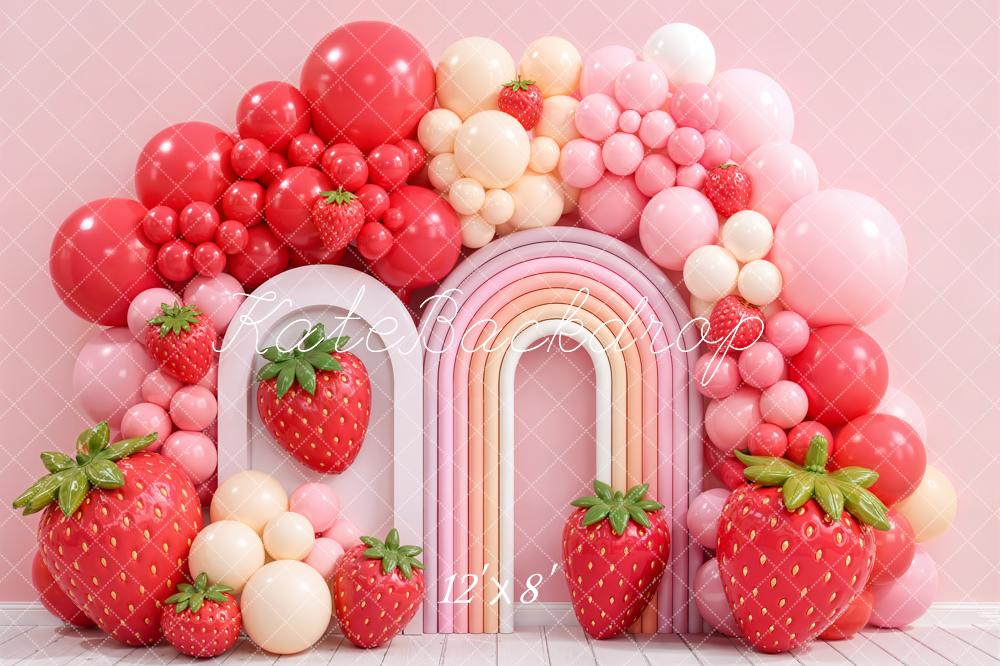 Kate Strawberry Balloon Arch Rainbow Pink Fleece Backdrop Designed by Emetselch - Image 4